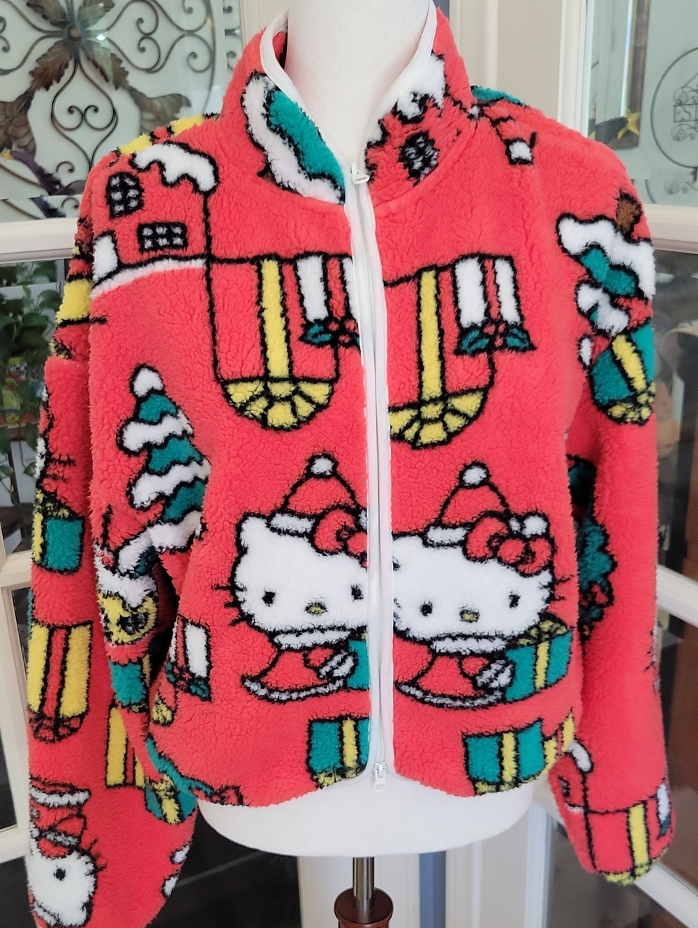 HELLO KITTY Women's Coral Red Plush Zip-Up Jacket with Holiday Print | Size: M